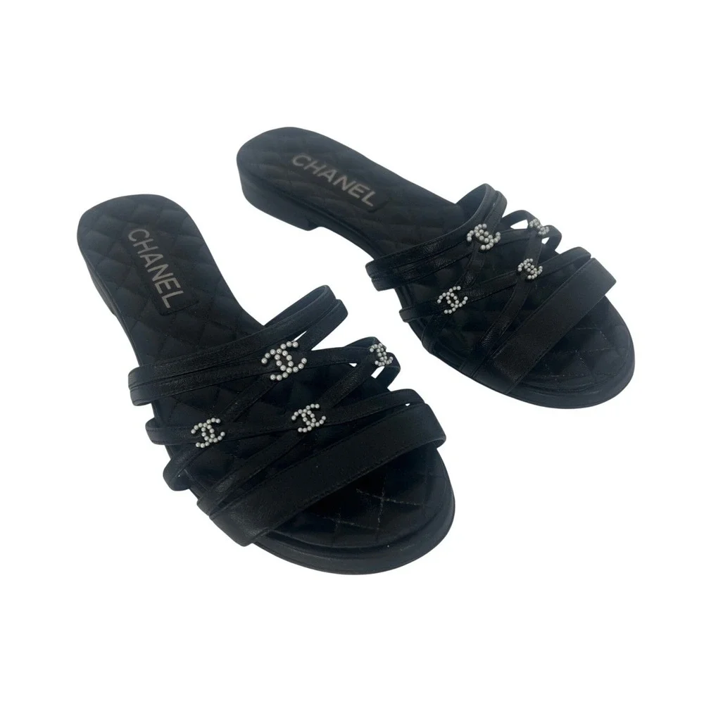 Chanel 2019 Quilted CC Pearl Leather Slide Sandals Black 36.5